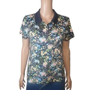 Lands’ End Women M Petite Floral Polo Shirt Short Sleeve Pima Cotton Top Preppy